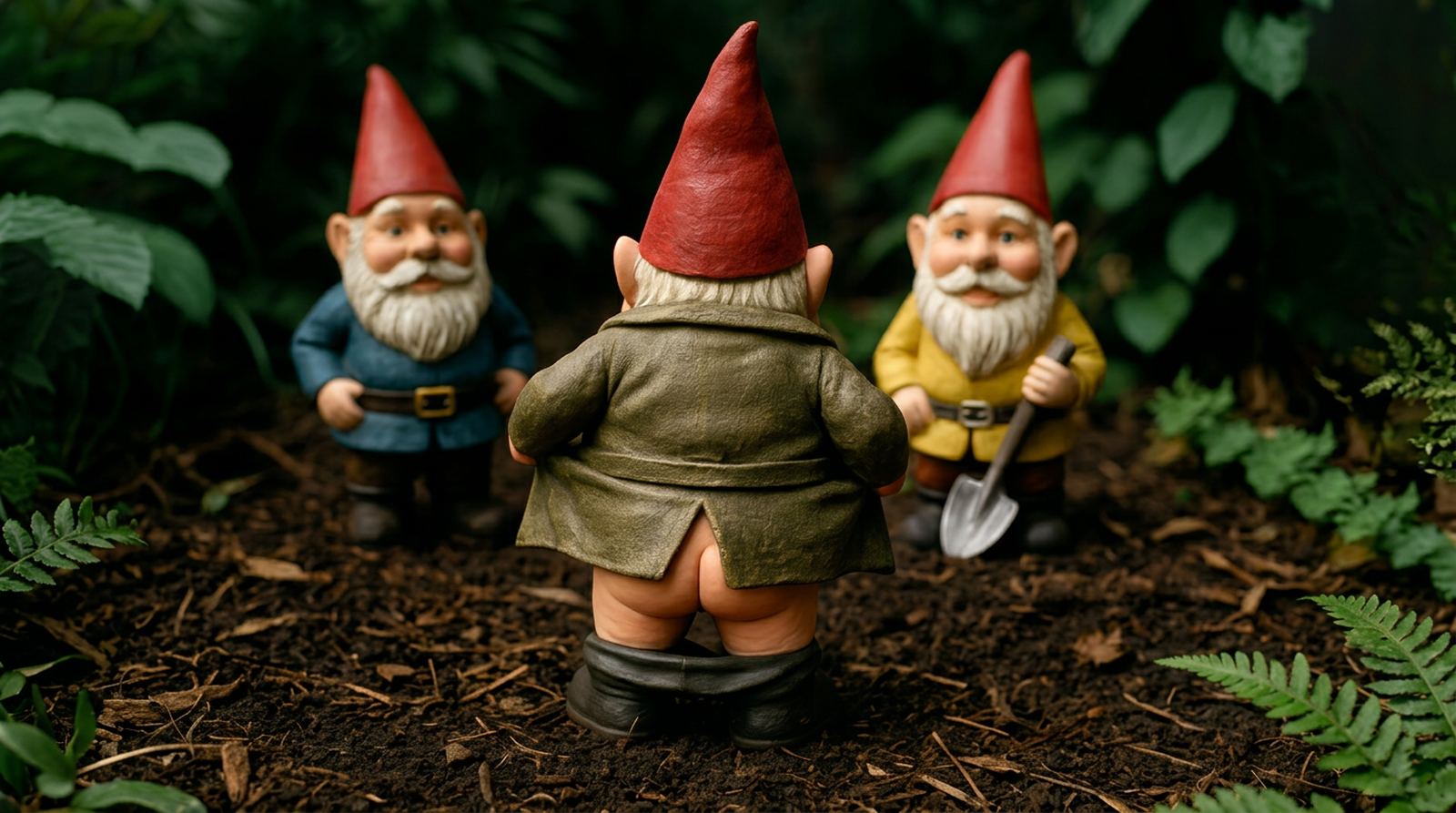 Drei Gartenzwerge im Wald — der mittlere lässt die Hose herunter. Metapher für Personas, die ihre wahren Beweggründe offenlegen.